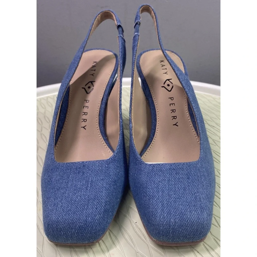 Katy Perry Women Denim Blue Dress Shoes Sling Back Silver Hollow Heel 5.5 M